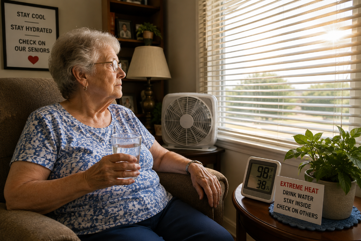 Older adult staying cool and hydrated at home during extreme heat in Milam County