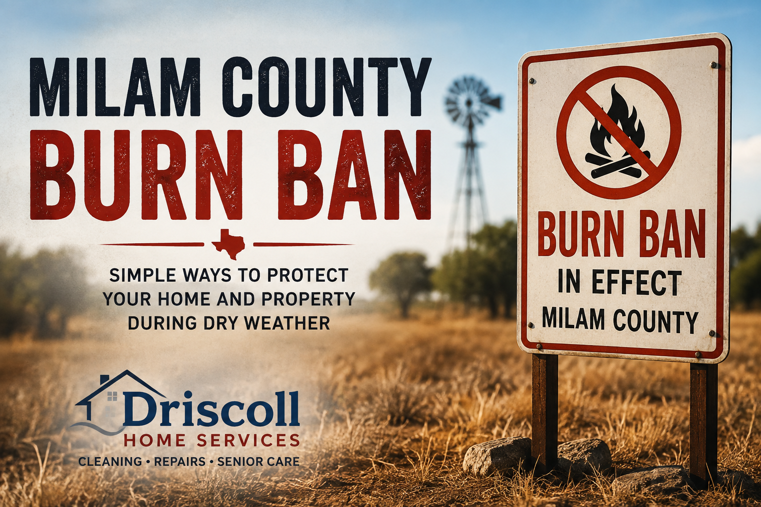 Milam County burn ban sign in a dry Central Texas landscape highlighting home and property fire safety