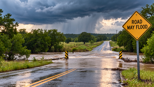 Central Texas flash flooding covering a rural road near a Road May Flood warning sign.