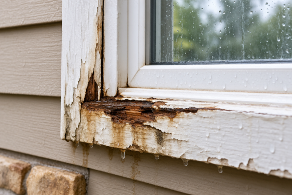 Water leaking around window with damaged and rotted exterior wood trim