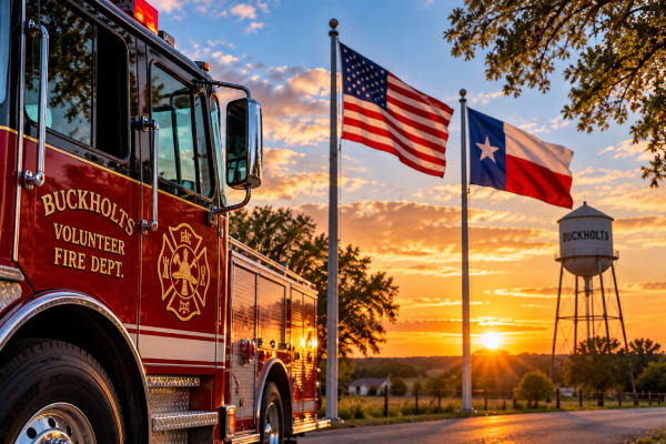 Tribute illustration honoring Buckholts firefighter Rick Fuentes, featuring a fire truck and American and Texas flags at sunset.