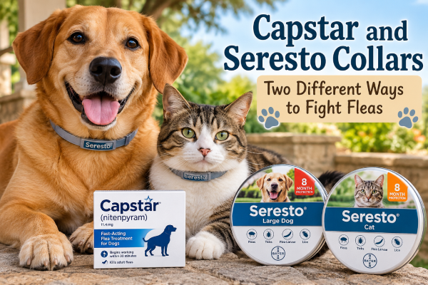 Dog and cat wearing flea collars beside Capstar and Seresto flea treatment products.