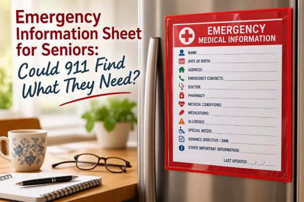 Emergency information sheet for seniors displayed on a refrigerator for 911 responders