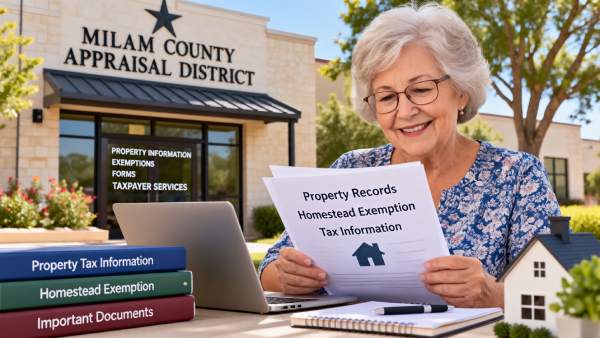 Senior homeowner reviewing property records and homestead exemptions following Milam County Appraisal District changes