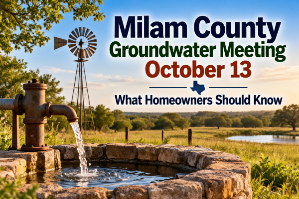 Milam County groundwater meeting October 13 featuring a rural Texas water well and windmill.