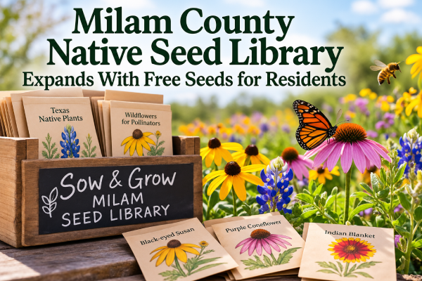 Native Texas wildflowers, seed packets, and a monarch butterfly illustrating the Milam County Native Seed Library expansion.