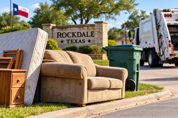 Old furniture and a mattress beside the curb in Rockdale, Texas, illustrating local trash disposal concerns.