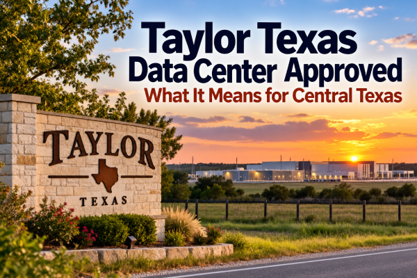 Taylor Texas data center approved, with an illustration of a large technology campus near Taylor at sunset.